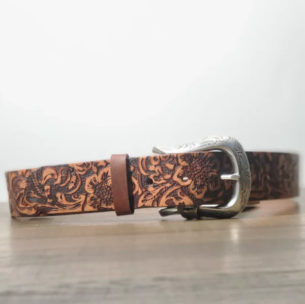 Trailhead 1.5" Bridle Leather Belt - Embossed Floral Western S-XXL Tan - Image 3